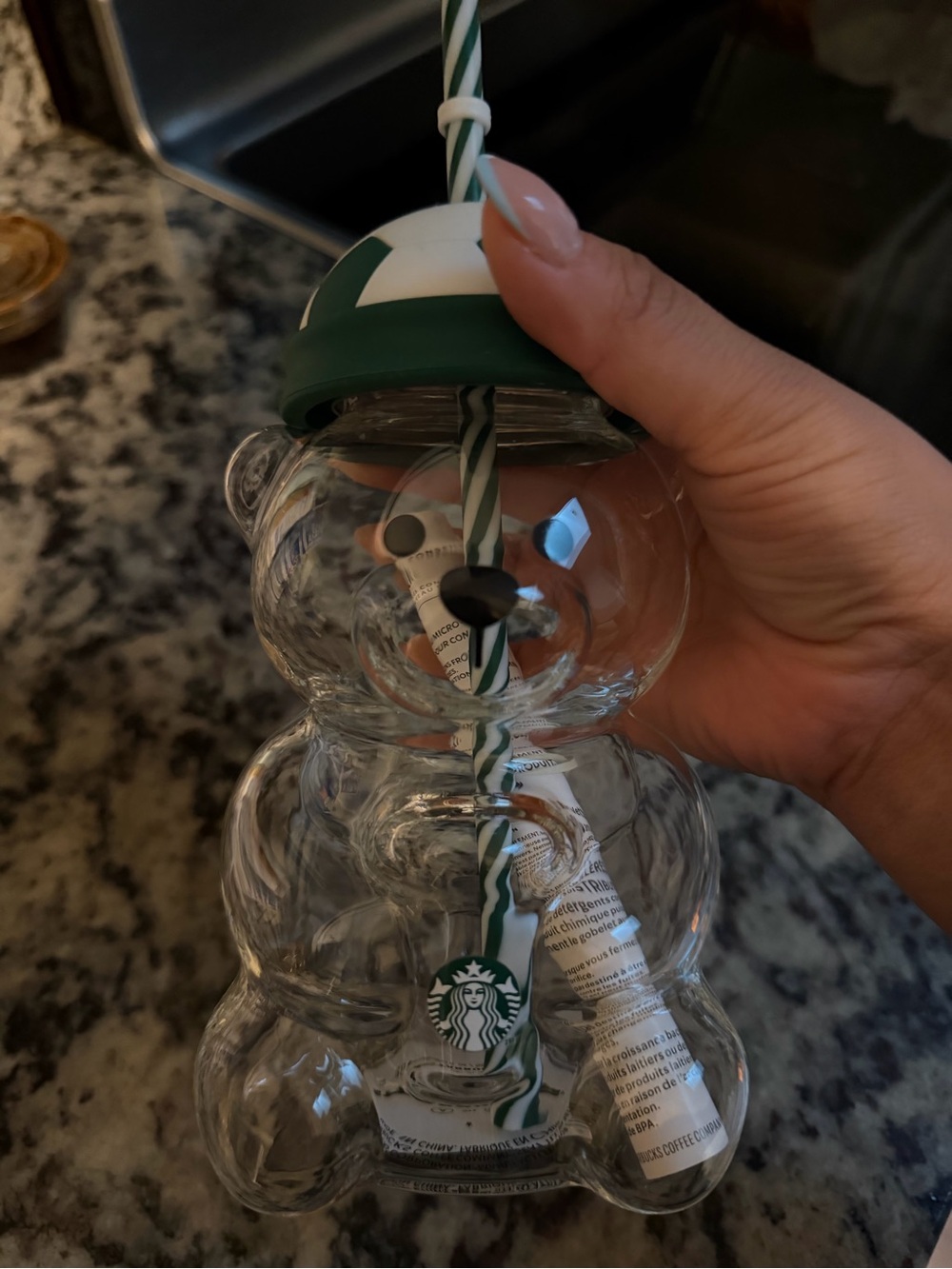 Authentic Starbucks Soccer Bear Glass Tumbler with Green Lid and Striped Straw